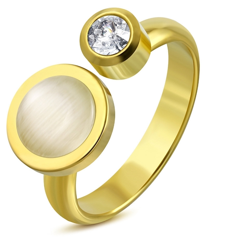 Guldpläterad Öppen Ring i Kirurgiskt Stål 316L i Guld Färg med Klar Cubic Zirconia & Kattöga - Stl 16,51