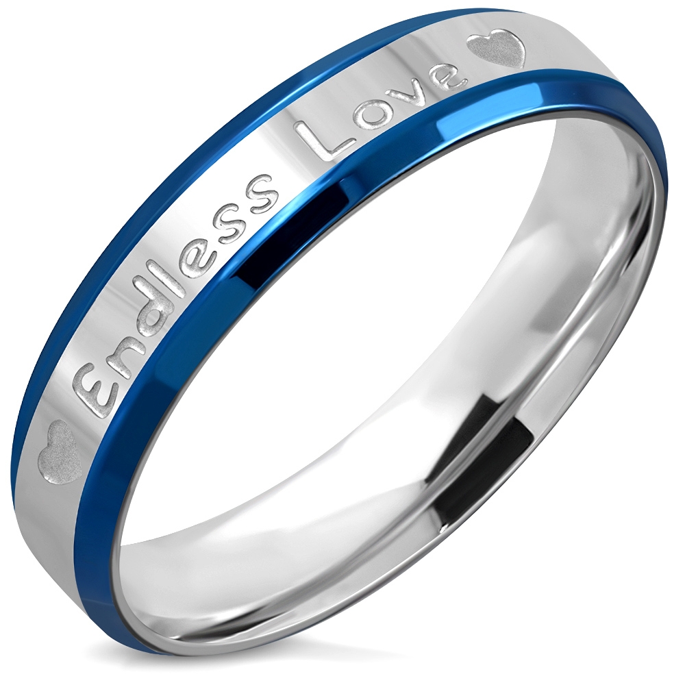 Silver & Blå Ring i Kirurgiskt Stål 316L med Hjärtan & Endless Love - Stl 16,51