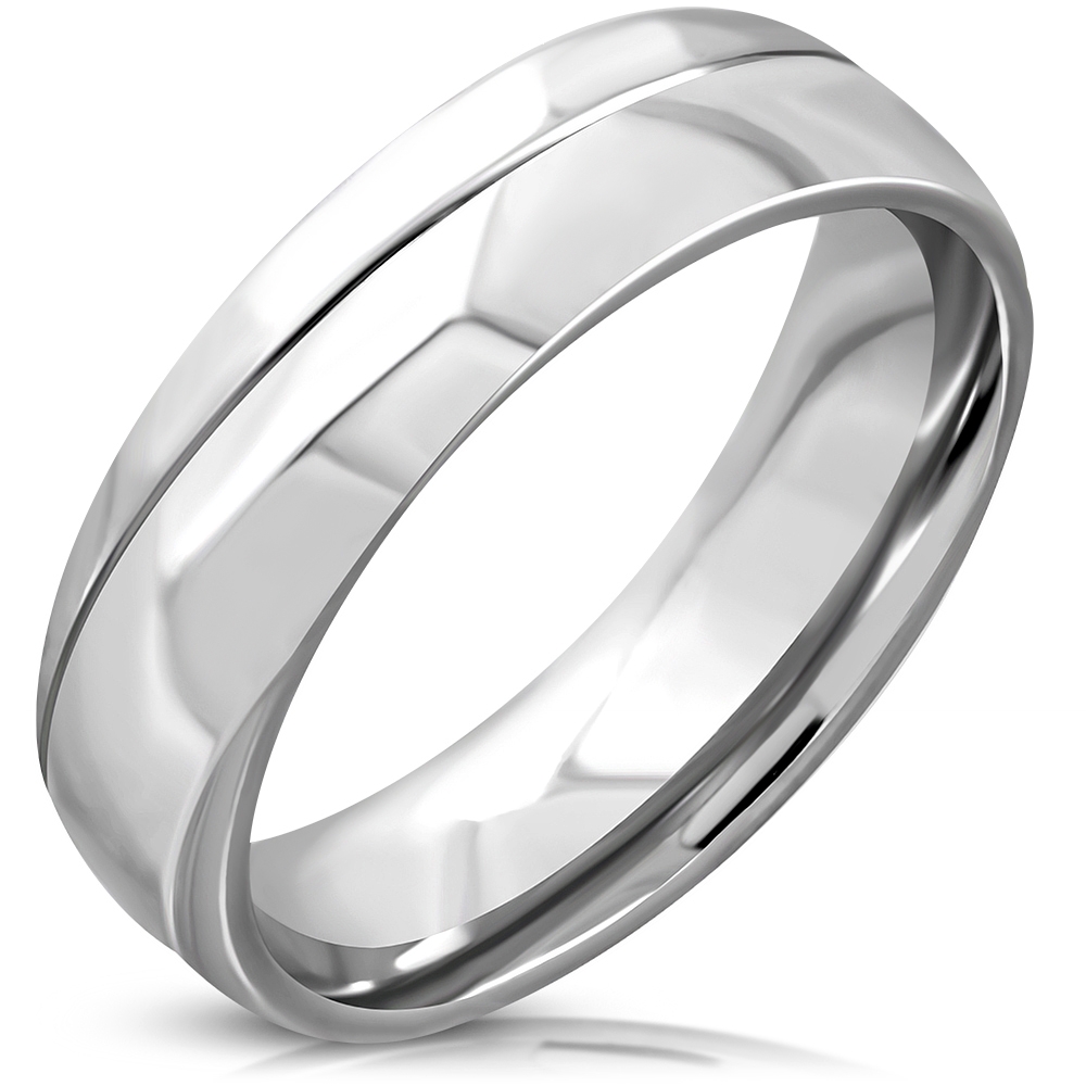 Halvrund Ring i Kirurgiskt Stål 316L i Silver Färg med Diagonal Laserskuren Rand - Stl 15
