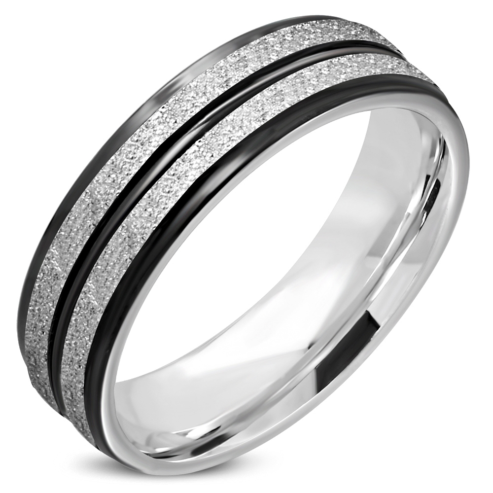 Sandblästrad Halvrundad Ring i Kirurgiskt Stål 316L i Silver Färg med Svarta Ränder - Stl 16,51