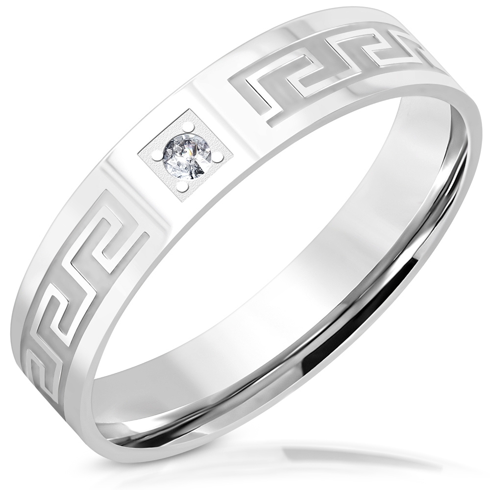 Ring i Rostfritt Stål 316L i Silver färg med Grekiskt Mönster & Klar Cubic Zircon Kristall - Stl 17,32