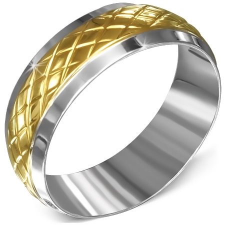 Ring i Kirurgiskt Stål 316L i 2 Toner Silver & Guld Färg med Kryss Mönster - Stl 20,98