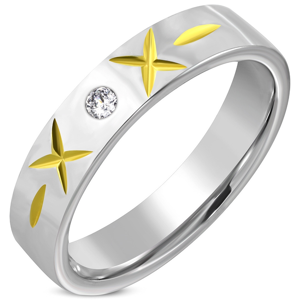 Ring i Kirurgiskt Stål 316L i 2 Toner - Silver med Kryss Mönster i Guld Färg & Klar Cubic Zircon - Stl 16,51