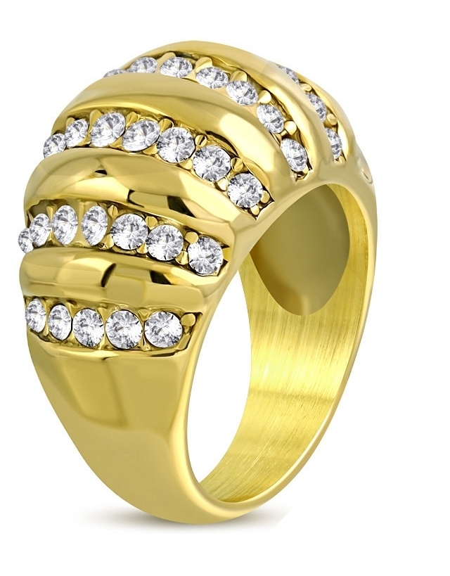 Glittrande Cocktail Ring - Dome Shrimp - i Kirurgiskt Stål 316L i Guld Färg med Klara CZ Kristaller - Stl 19