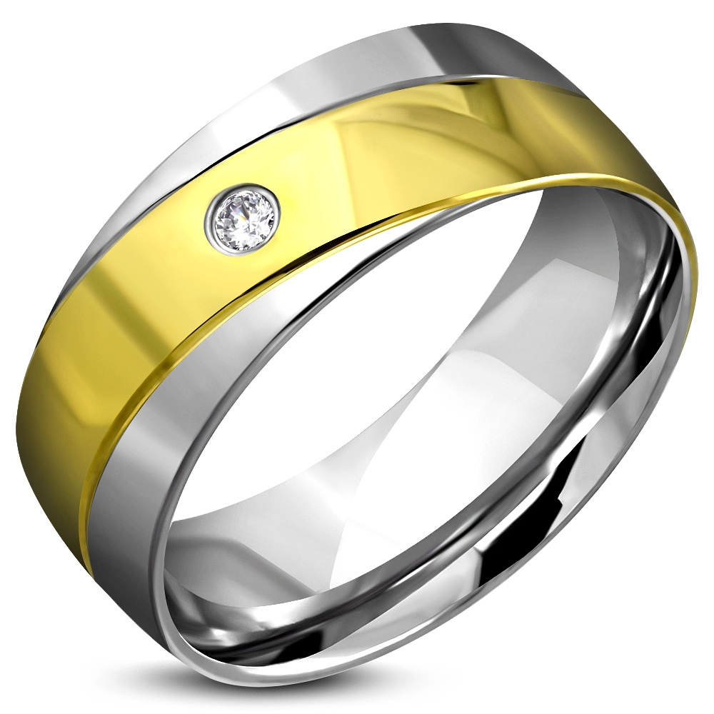 Ring i Kirurgiskt Stål 316L med Diagonalt Mönster i Guld & Silver färg med Vit CZ Kristall - Stl 17