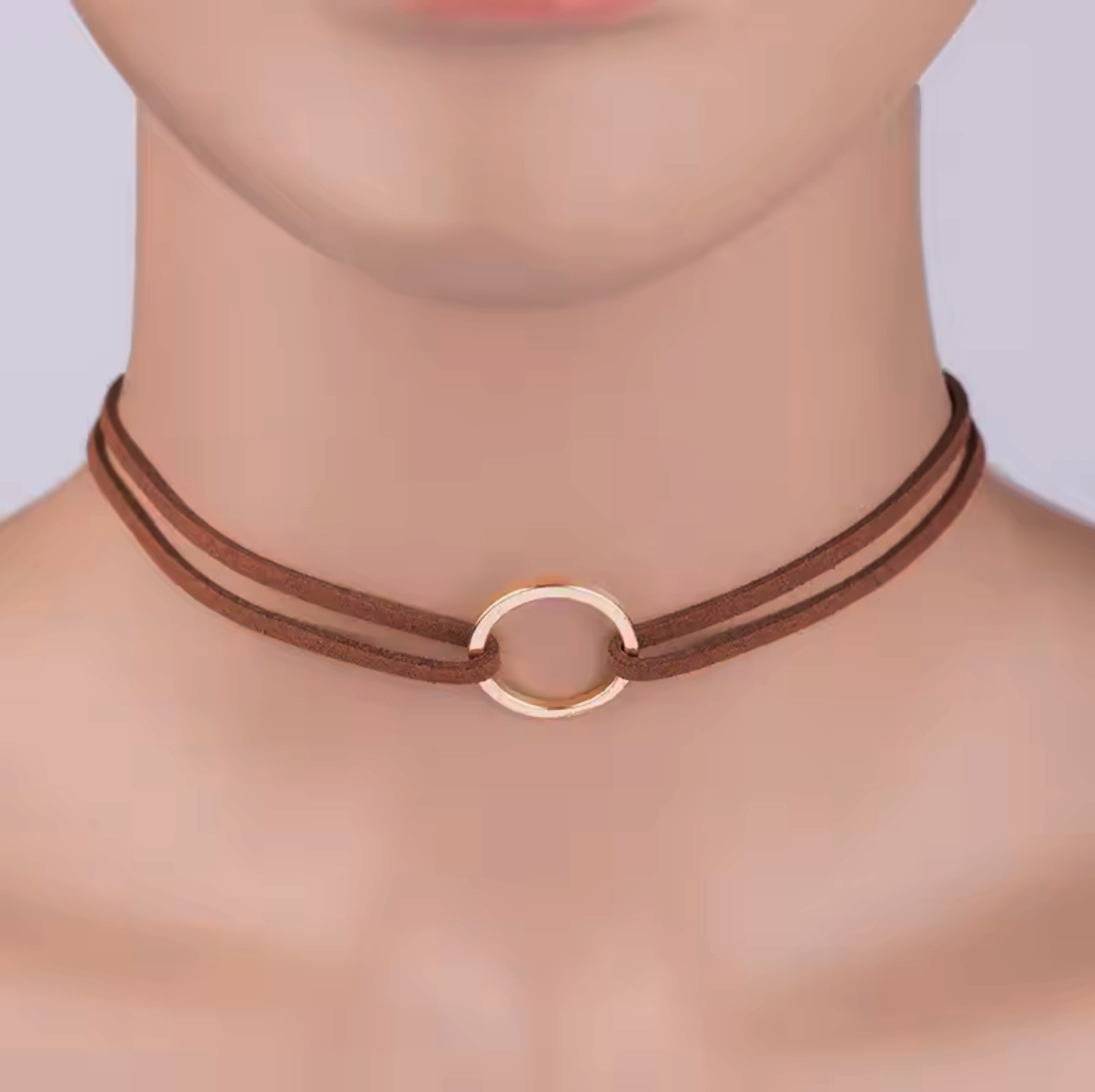 Retro Dubbelt Brunt Choker / Halsband med en Guld Ring / Cirkel