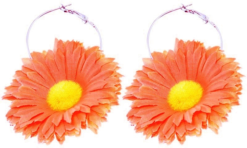 Retro Silver Örhängen / Hoop - Orange & Gul Blomma / Prästkrage