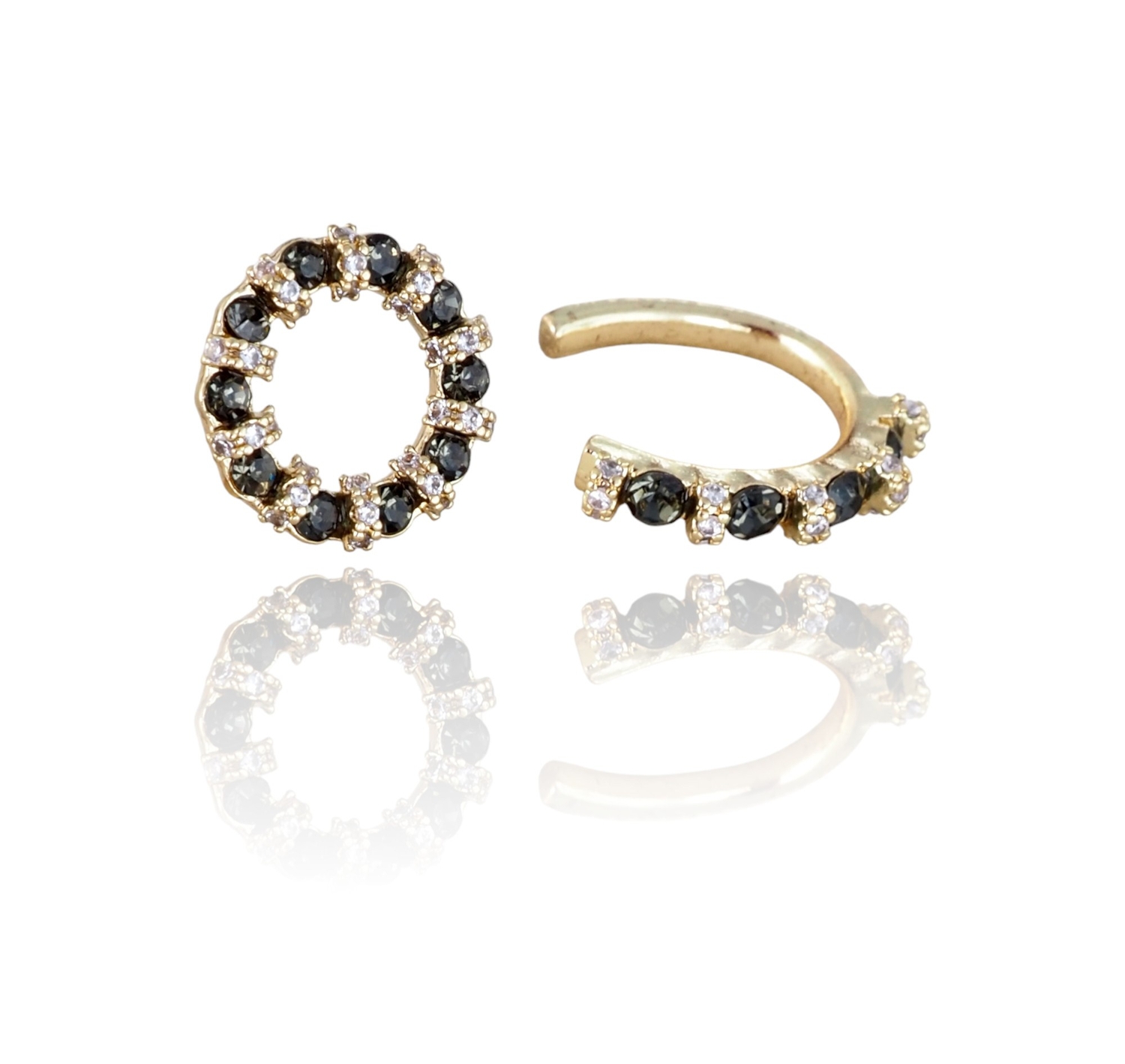 2 st Guld Örhängen - Ear Cuff & Stud - Svarta & Vita Rhinestones
