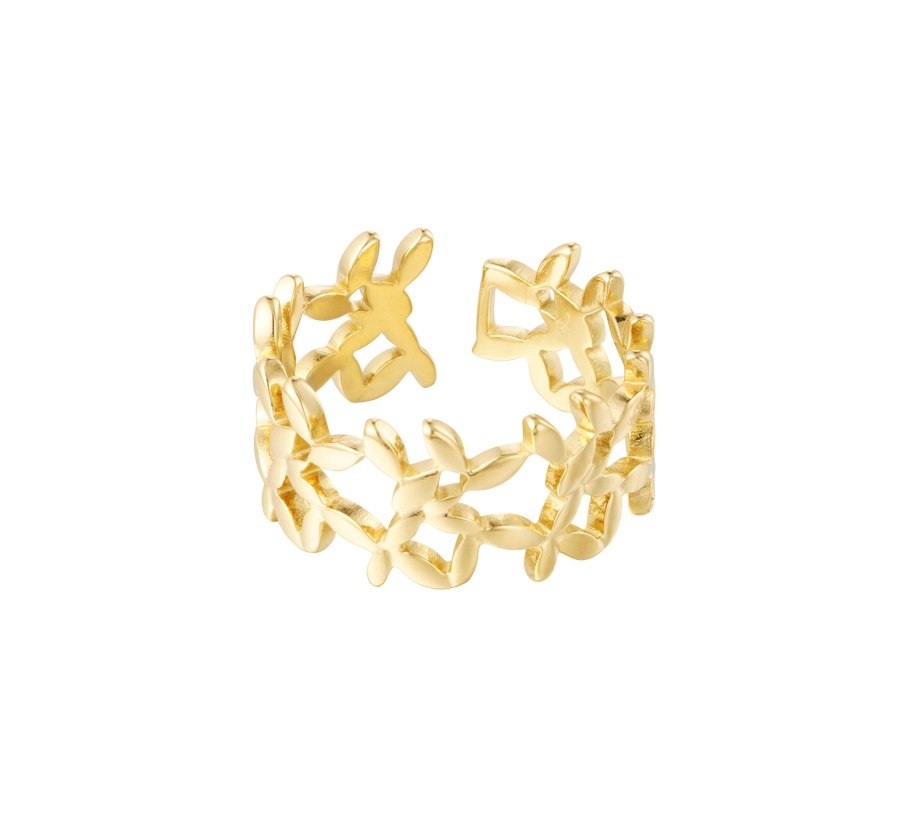 Ring i Rostfritt Stål med Söta Blommor - Guld - Justerbar