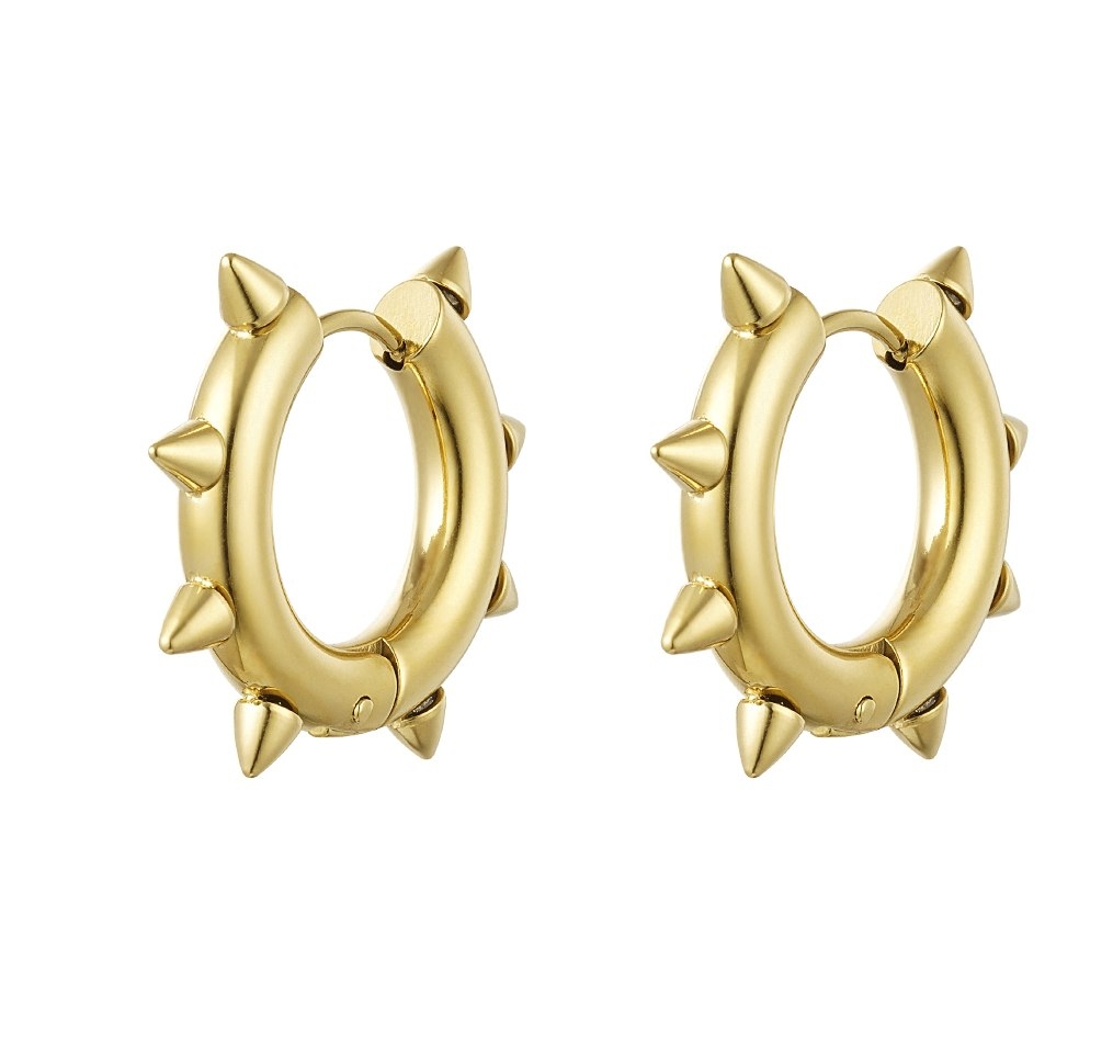 Små Blanka Runda Hoop Örhängen i Rostfritt Stål med Spikes / Nitar / Spikar - Guld - 2,5 cm