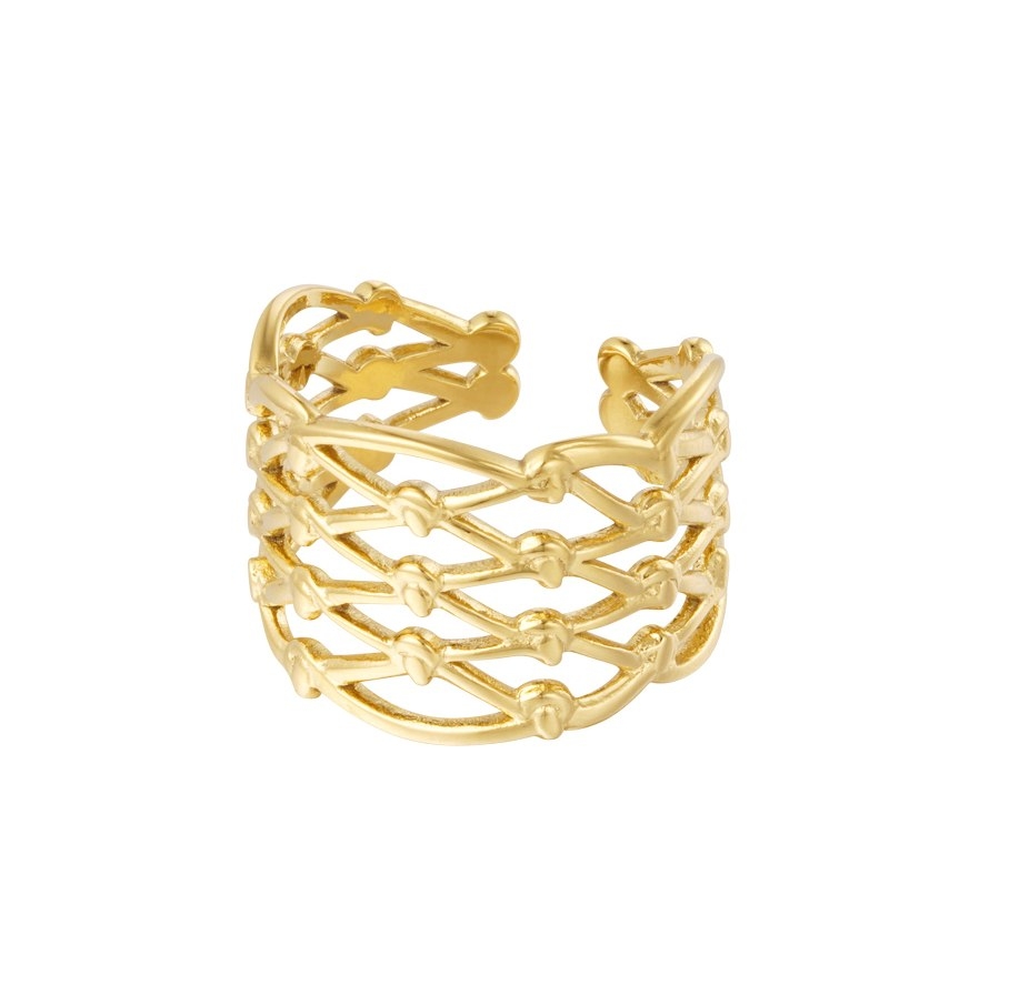 Bred Ring i Rostfritt Stål med Fint Mönster - Guld - Justerbar