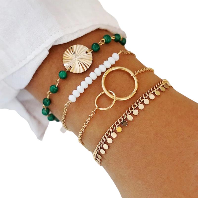 4 st Guld Chic Armband med Gröna & Vita Pärlor, Ringar & Plattor