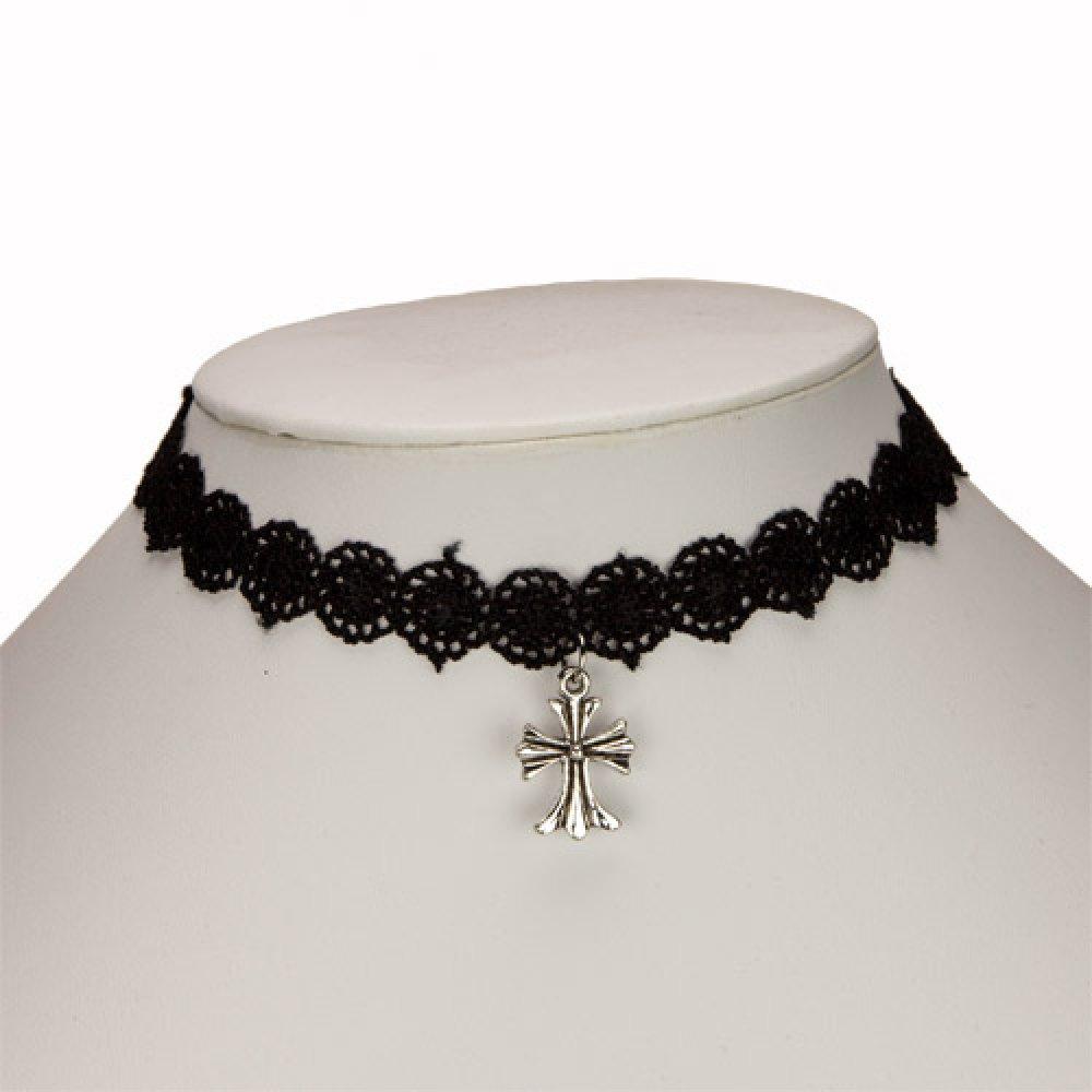Retro Gothic Svart Choker / Halsband - Svart Spets & Silver Kors