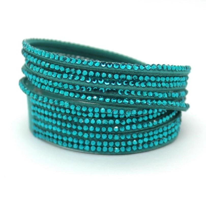 Wrap Läderarmband/Läder Armband med Strass / Rhinestones -Turkos