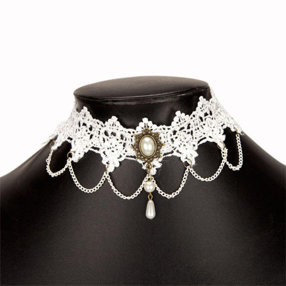 Brett Retro Boho Gothic Choker / Halsband - Vit Spets & Pärlor