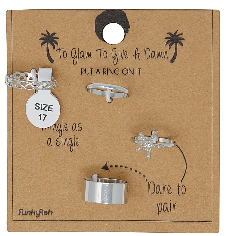 4-pack Boho Silver Ringar - Stjärna, Släta & Mönster - Stl 17