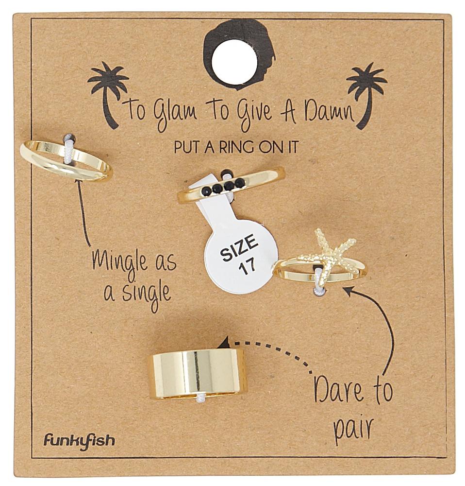 4-pack Boho Guld Ringar - Stjärna, Släta & Svarta Stenar -Stl 17