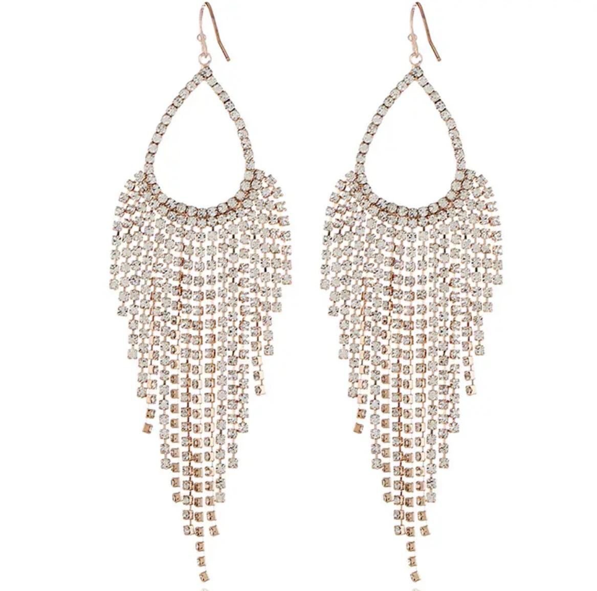 Strass Guld Örhängen - Droppe & Kedjor med Vita Rhinestones
