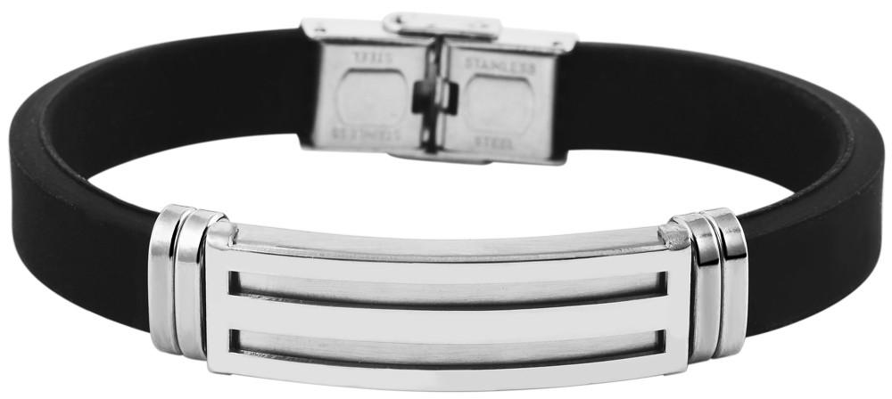 Svart Armband i Rostfritt Stål & Gummi - Silver Detalj & Mönster