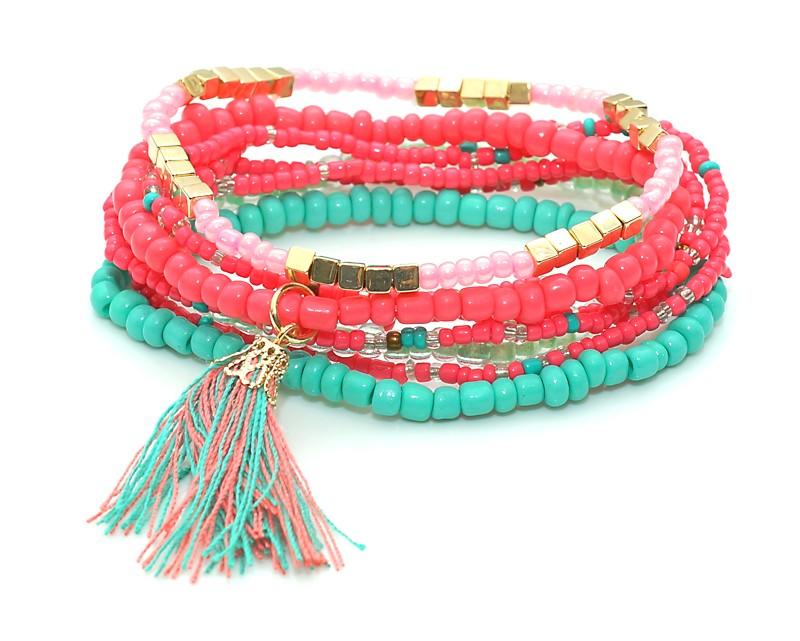 8 st Armband/Pärlarmband i Olika Färger med Tofs - Turkos &