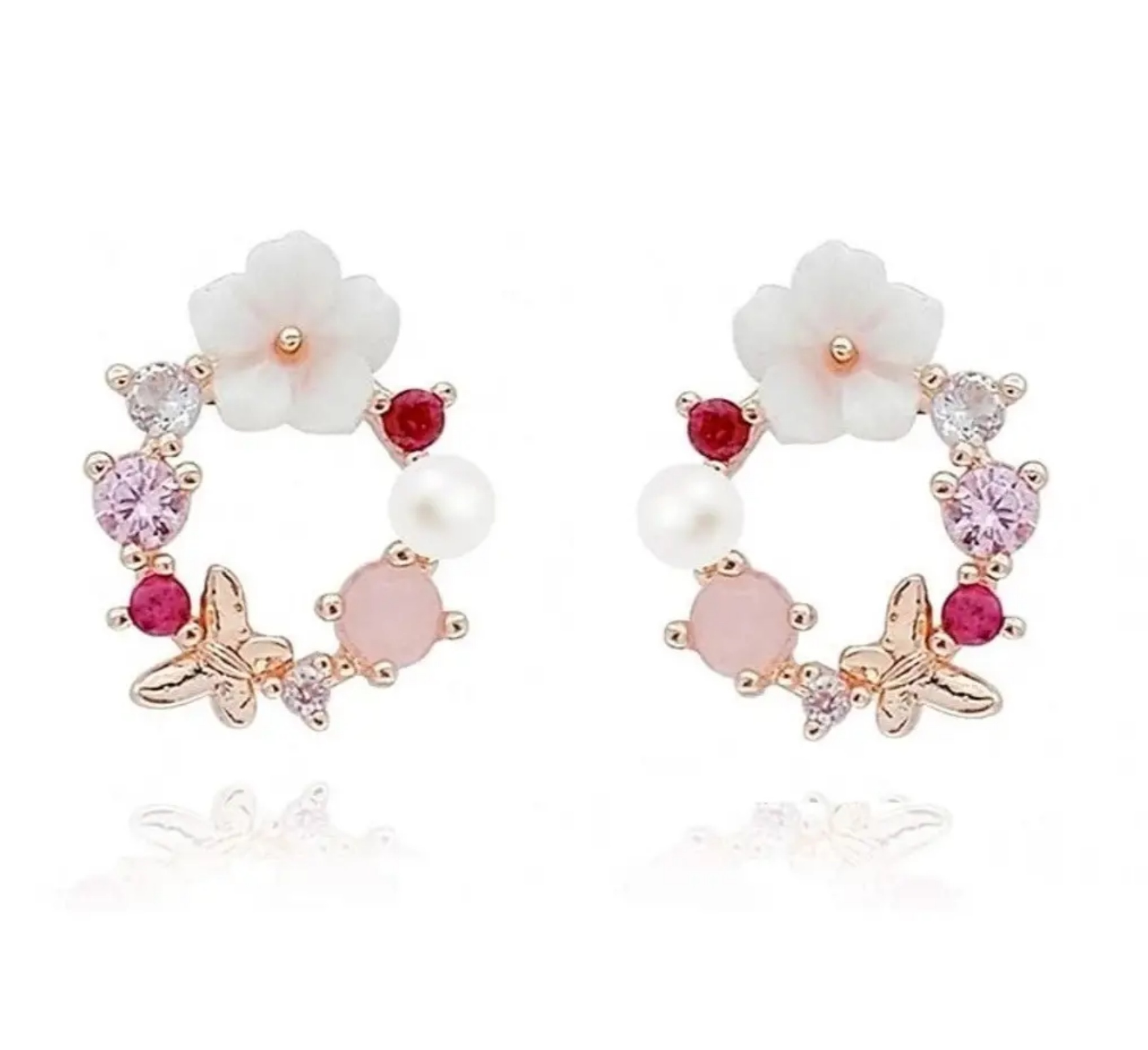 Rosé Guld Stud Örhängen - Blommor med Rhinestones & Pärlor