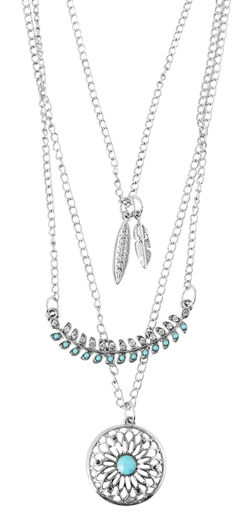 Silver Halsband med 3 Kedjor Fjädrar, Rhinestones & Turkos Pärla