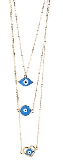 Guld Halsband med 3 Kedjor & 3 Olika Hängen med Evil Eye