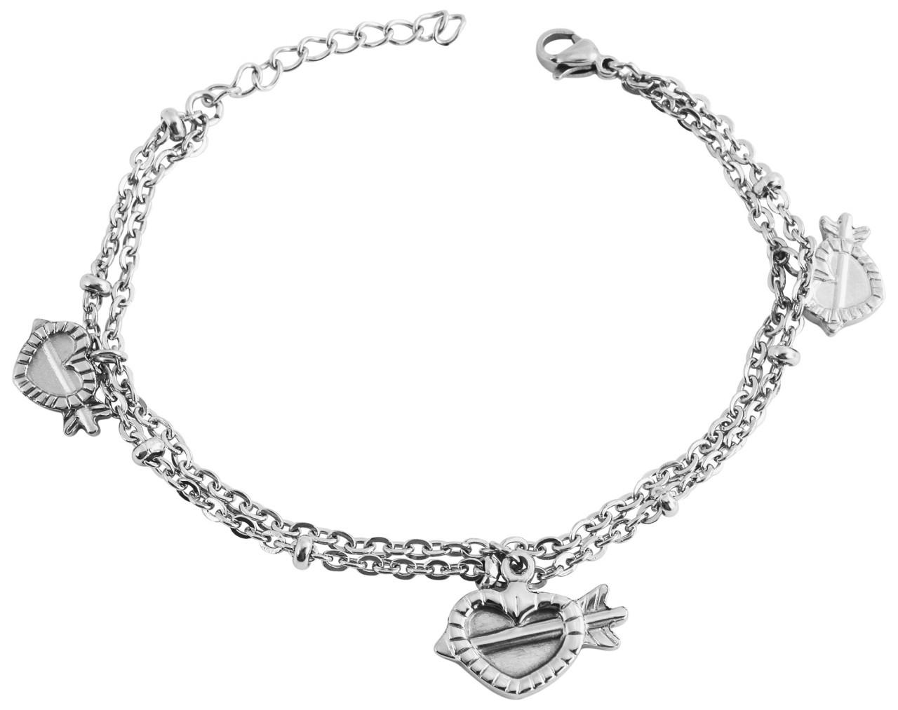 Silver Armband i Rostfritt Stål med 2 Kedjor & Hjärtan med Pilar