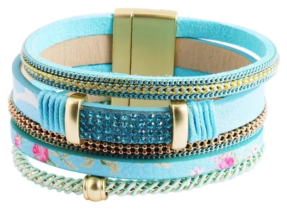 Turkost Läderarmband / Läder Armband med Guld Detaljer & Blommor