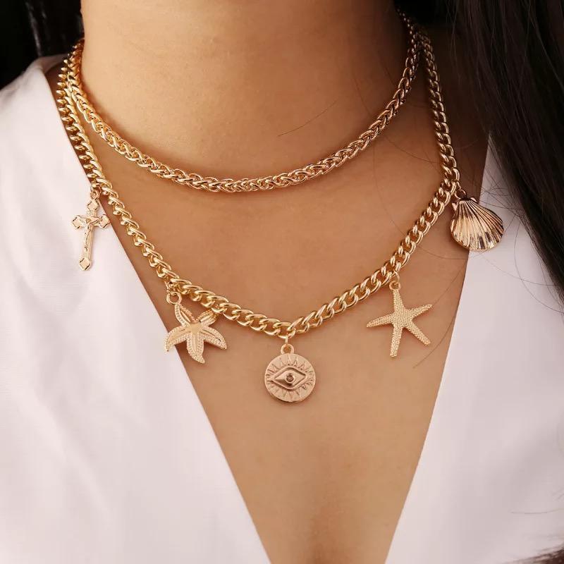 Guld Halsband / Choker med 2 st Kedjor & 5 olika Berlocker