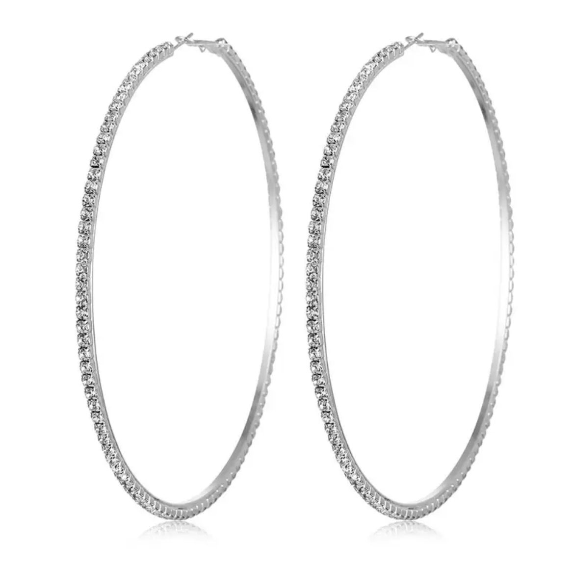 Glittrande Silver Örhängen -Hoop med Vit Strass/Rhinestones 9 cm