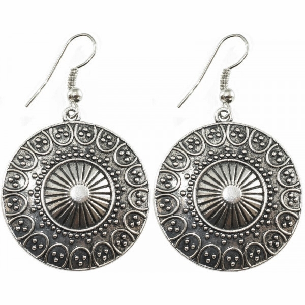 Bohemiska Runda Retro Örhängen i Silver Färg med Etniskt Mönster