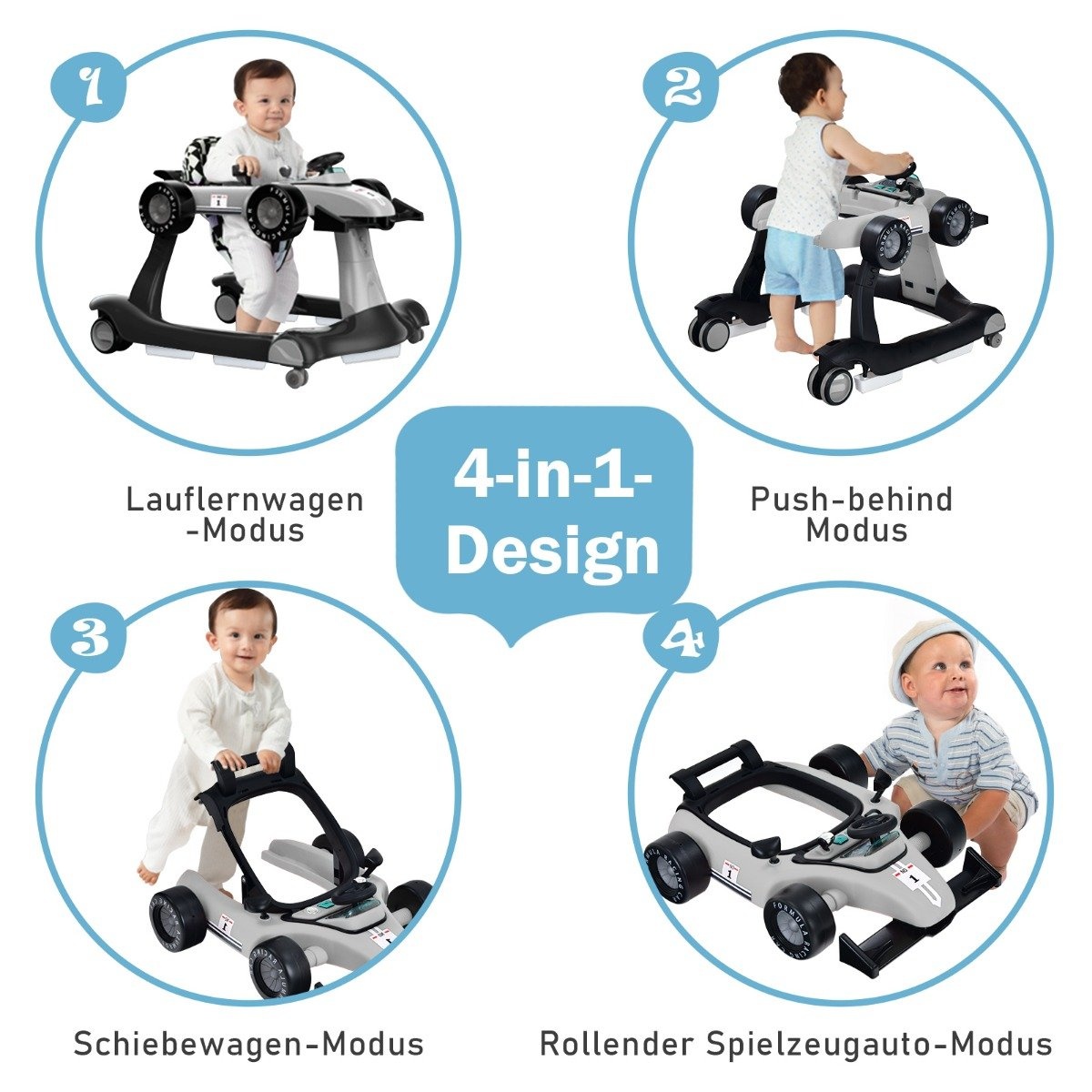4 i 1 rullator sammenleggbar rullator grå