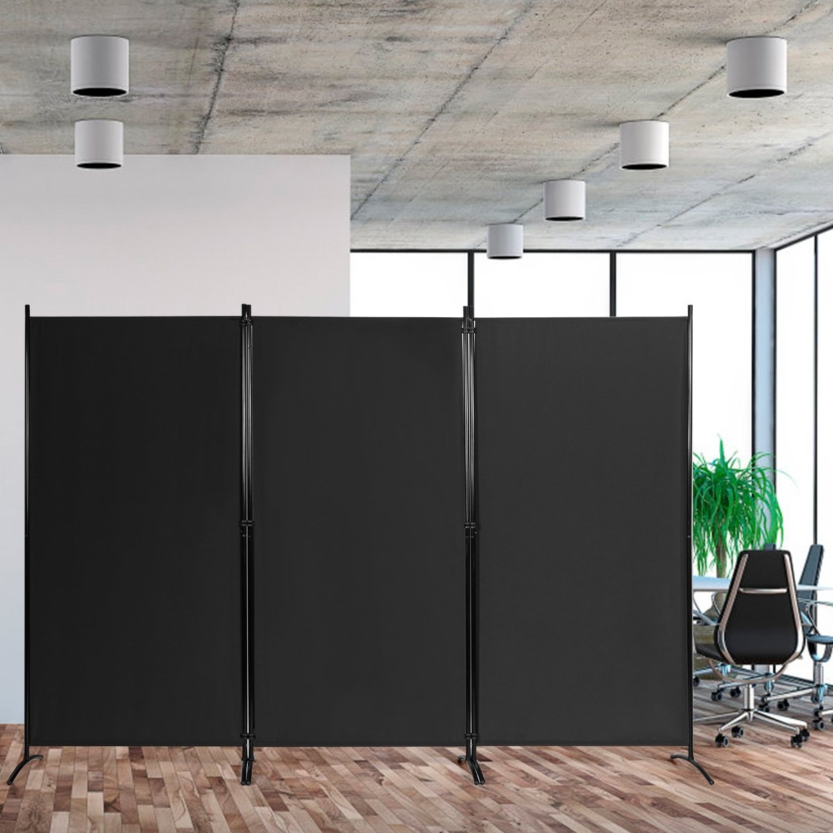 3-panels romdeler med justerbare bordplater og solide hengsler og stålbase svart