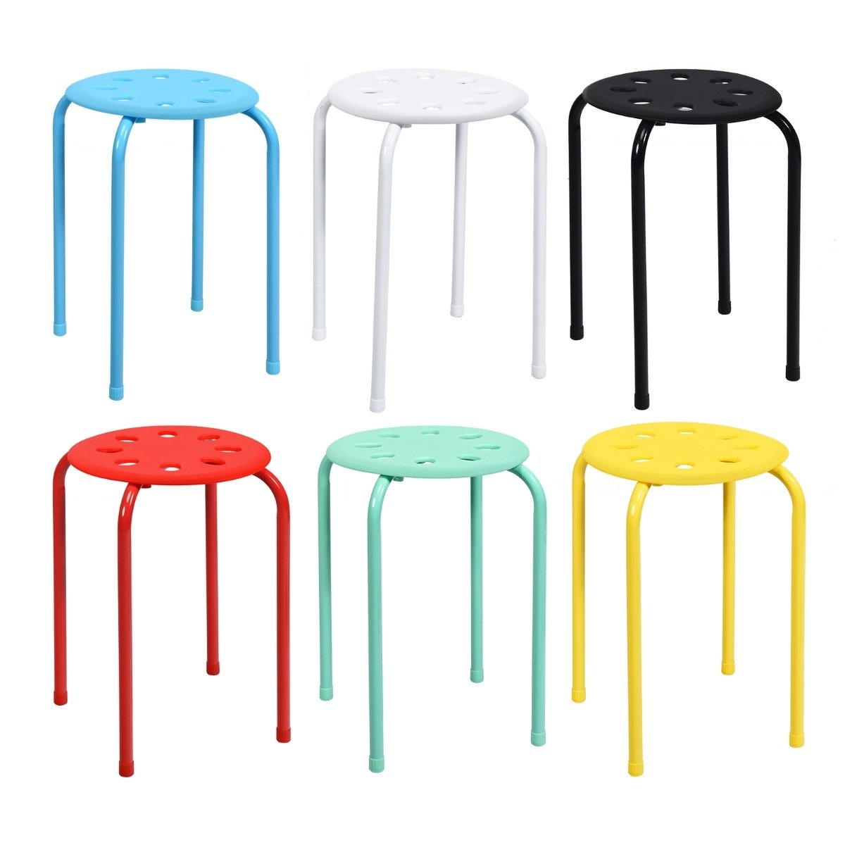 Pakke med 6 stabelbare metalskamler Assorterede farver taburetter til børn 30 x 30 x 44,5 cm Farverig