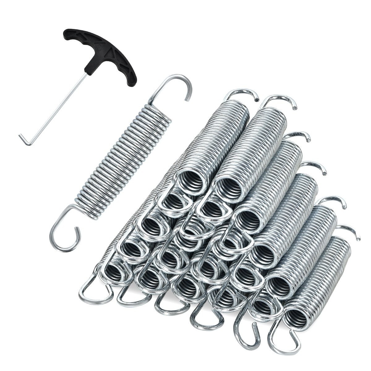 Set med 20 trampolinfjädrar 14 cm tunga galvaniserade stålfjädrar med T-krokdragverktyg