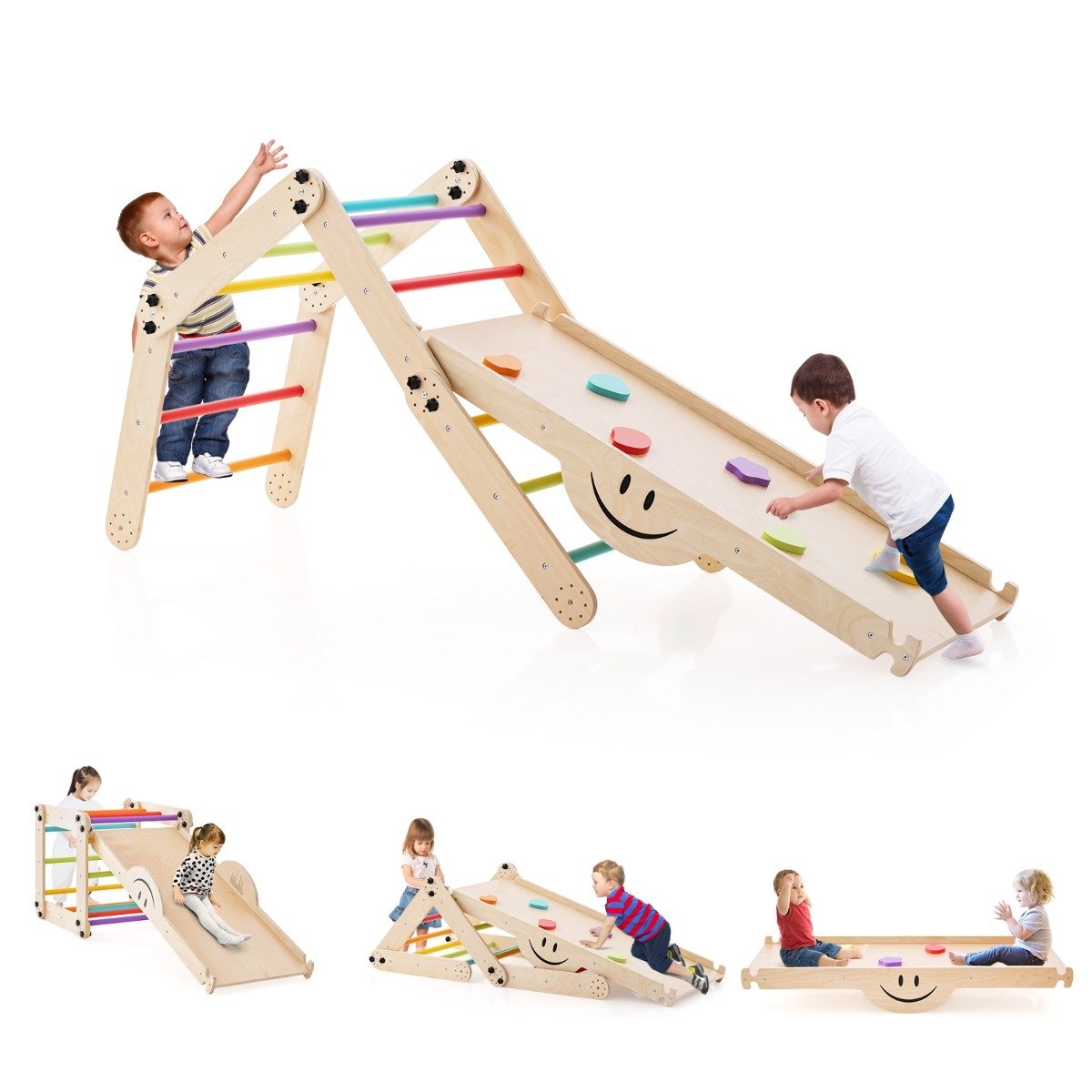 Vikbara träklättrarleksaker med justerbar och vändbar Montessori-klättringssats