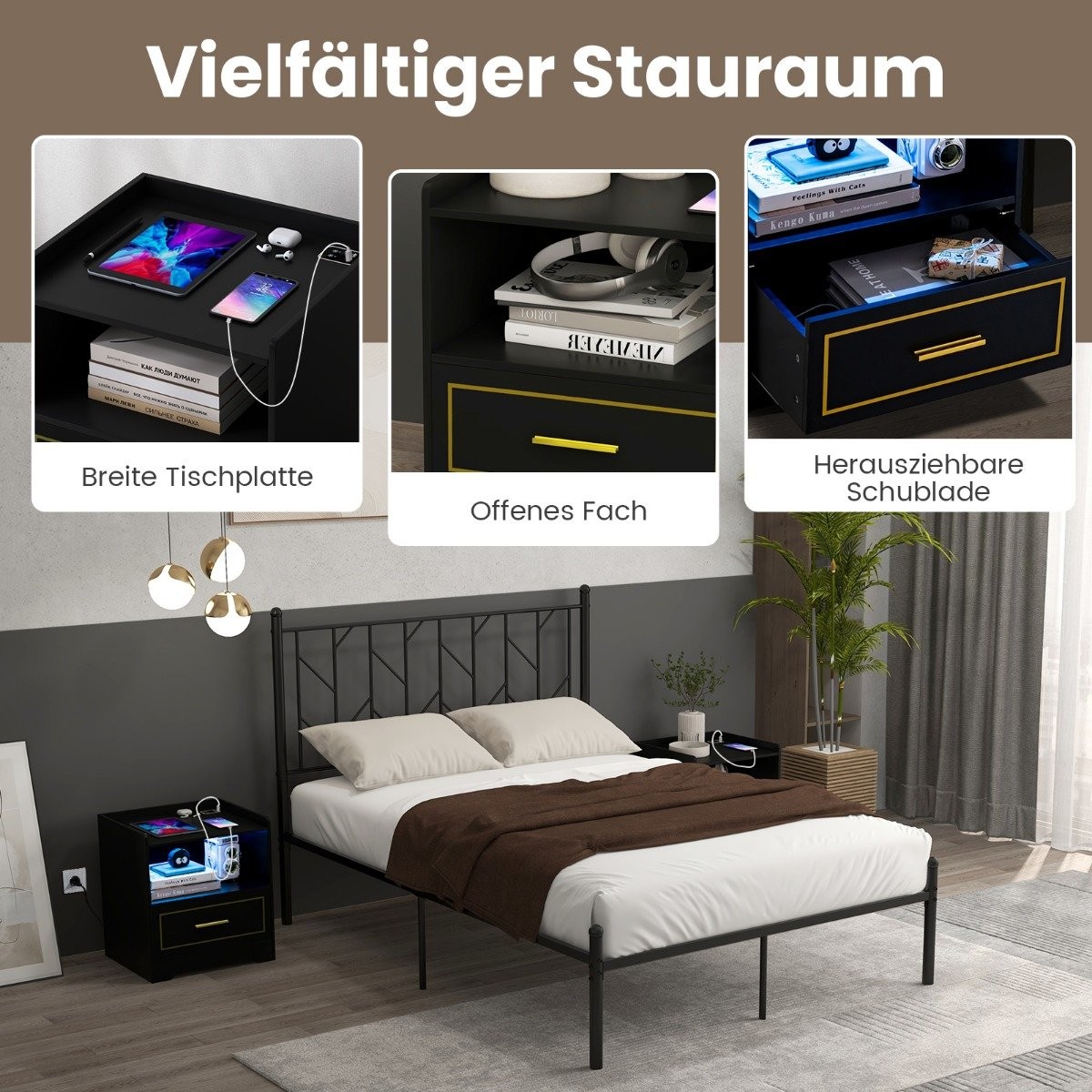 Sengebord med LED-lys, USB-port og Type-C ladestation, natbord med bevægelsessensor, sort
