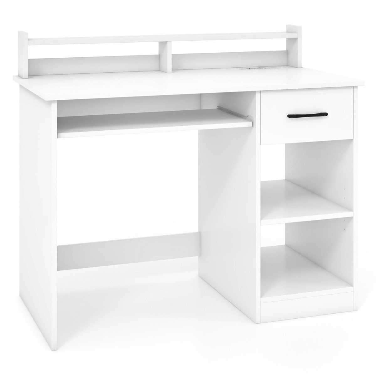 Skrivebord med ladestasjon, tastaturbrett, skuff og justerbar hylle, hvit 105 x 55 x 89 cm
