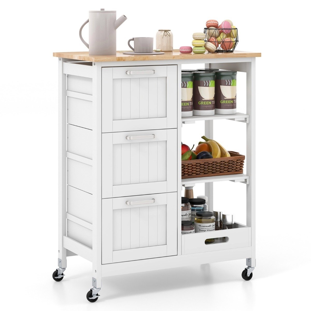 Rolling Kitchen Island Cart med 2-lagers förvaring, vit