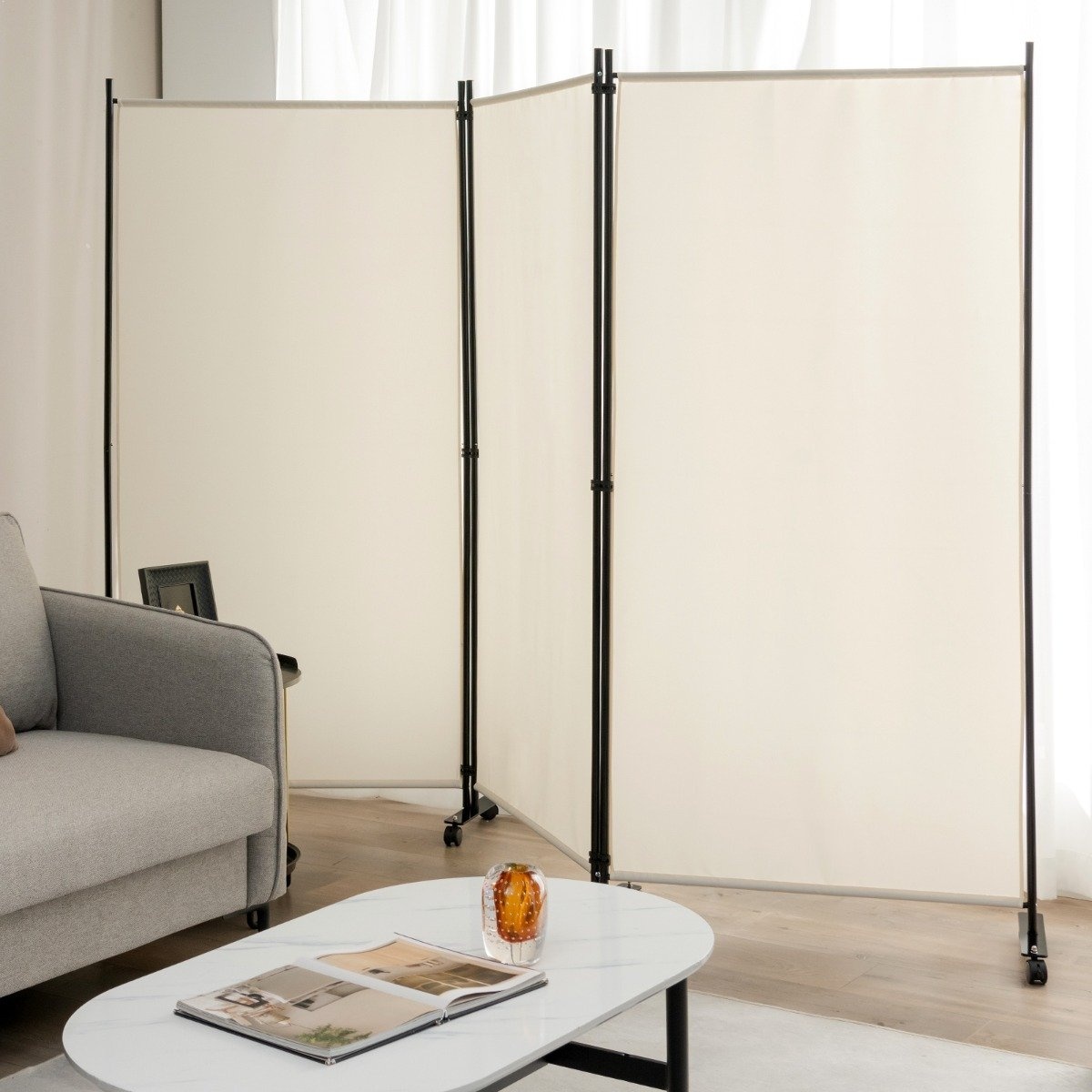 Romdeler med hjul, 3 paneler, sammenleggbar, beige, 180 cm