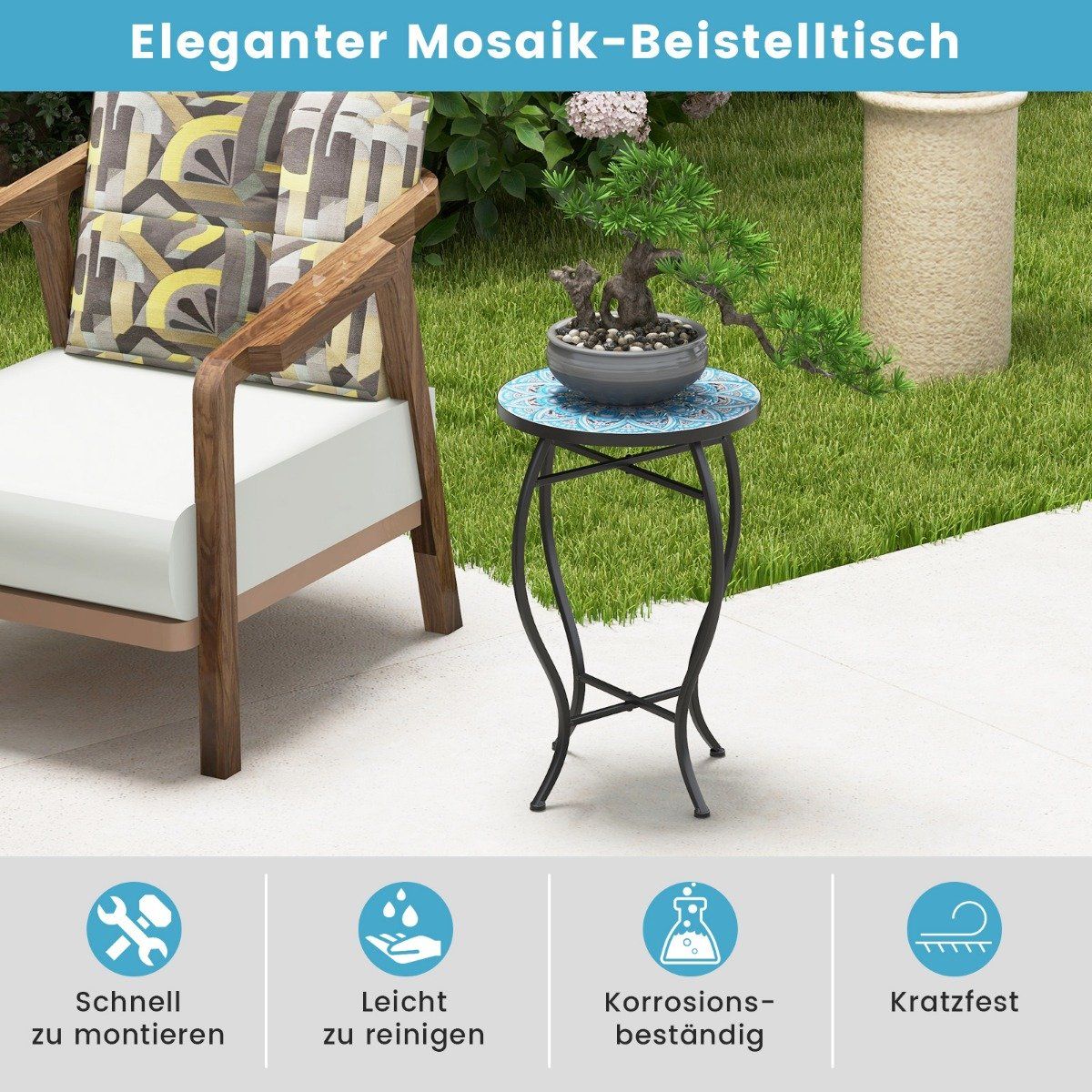 Rundt Mosaikk Sidebord – 35×55 cm, Blå/Sort Rundt Mosaikk Sidebord – 35×55 cm, Blå/Sort
