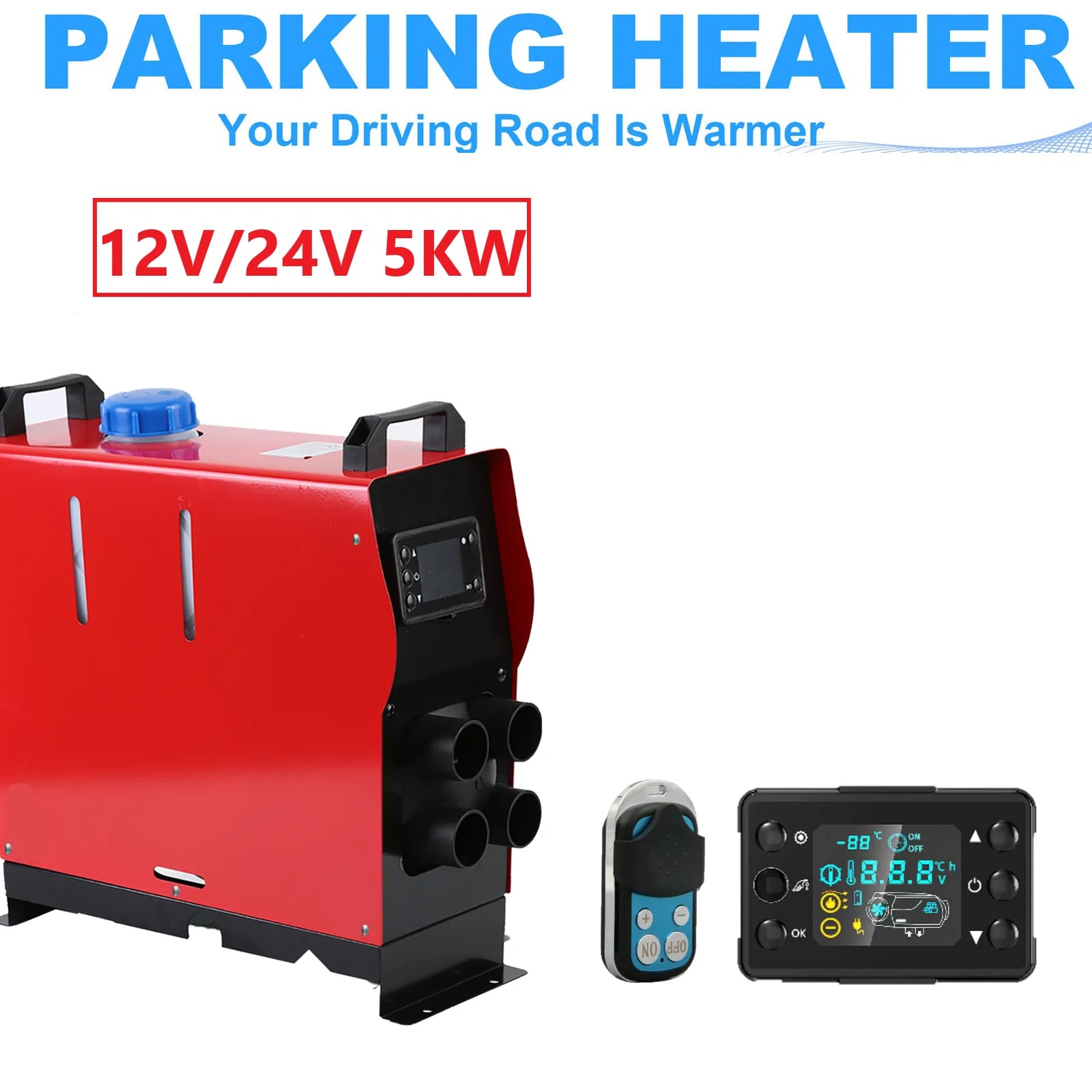 allt-i-1 12V/24V 5KW 4-luftuttag dieselluftvärmare med LCD-panel och fjärrkontroll