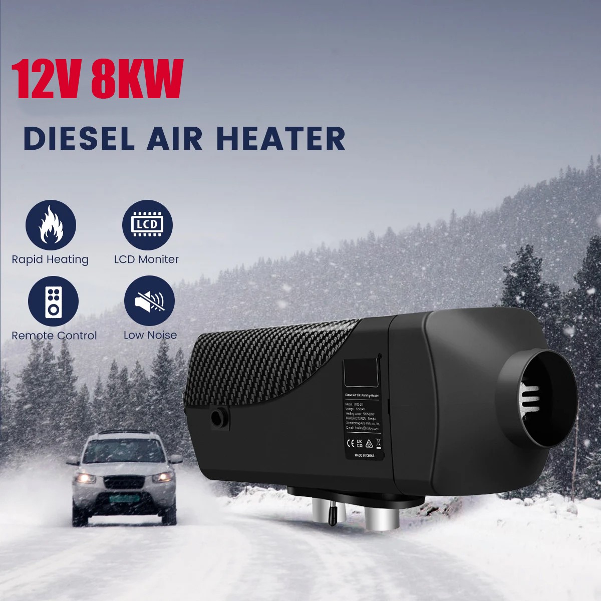8000W 12V dieselluftvärmare, snabb uppvärmning, låg bränsleförbrukning, lågt ljud, kompakt struktur, enkel installation