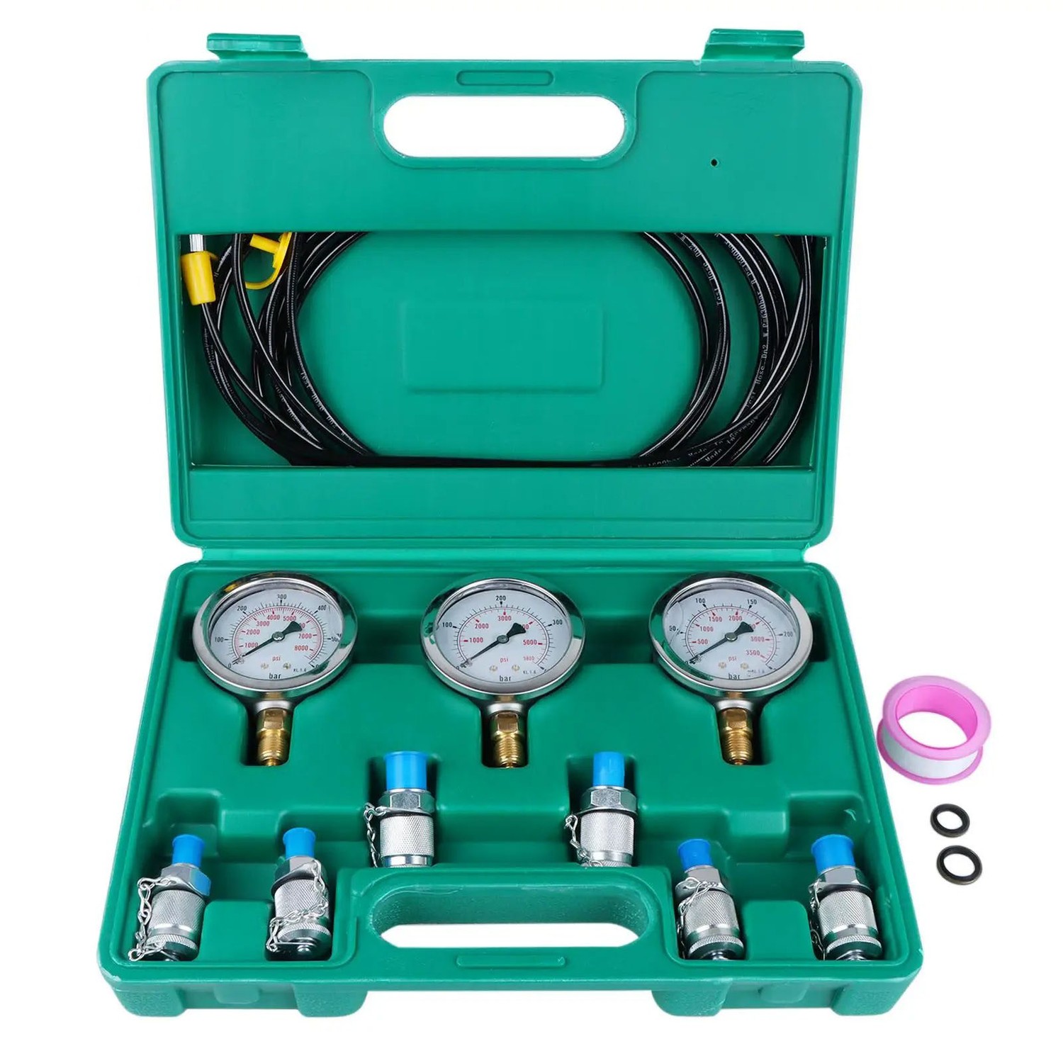 bärbar 0-60Mpa hydrauliskt trycktest kit med 3 olika tryckmätare/6 olika testkopplingar / 3st 1,6M slangar