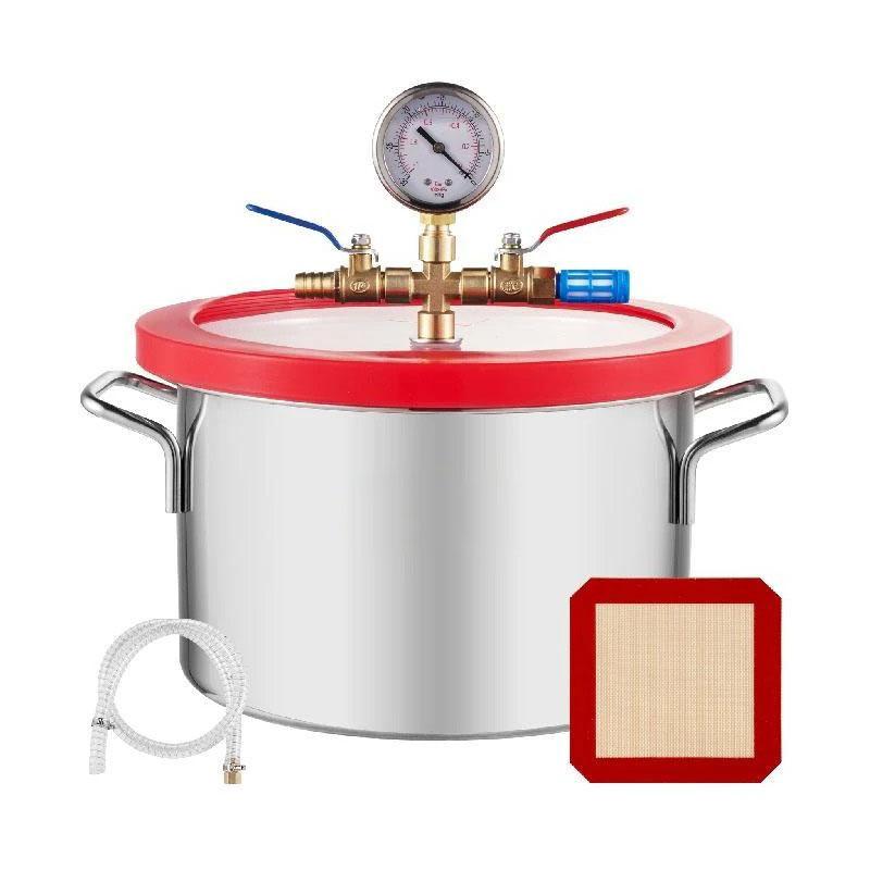 5 gallon vakuumkammare i rostfritt stål med synligt oljefönster, noggrann vakuummätare och 2 ljuddämpare, genomtänkta detaljer