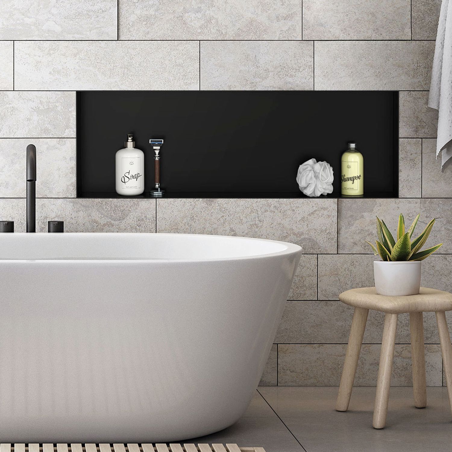Duschnisch 90x30 cm svart rostfritt stål Infälld ram Väggnisch Duschbricka LuxeBath