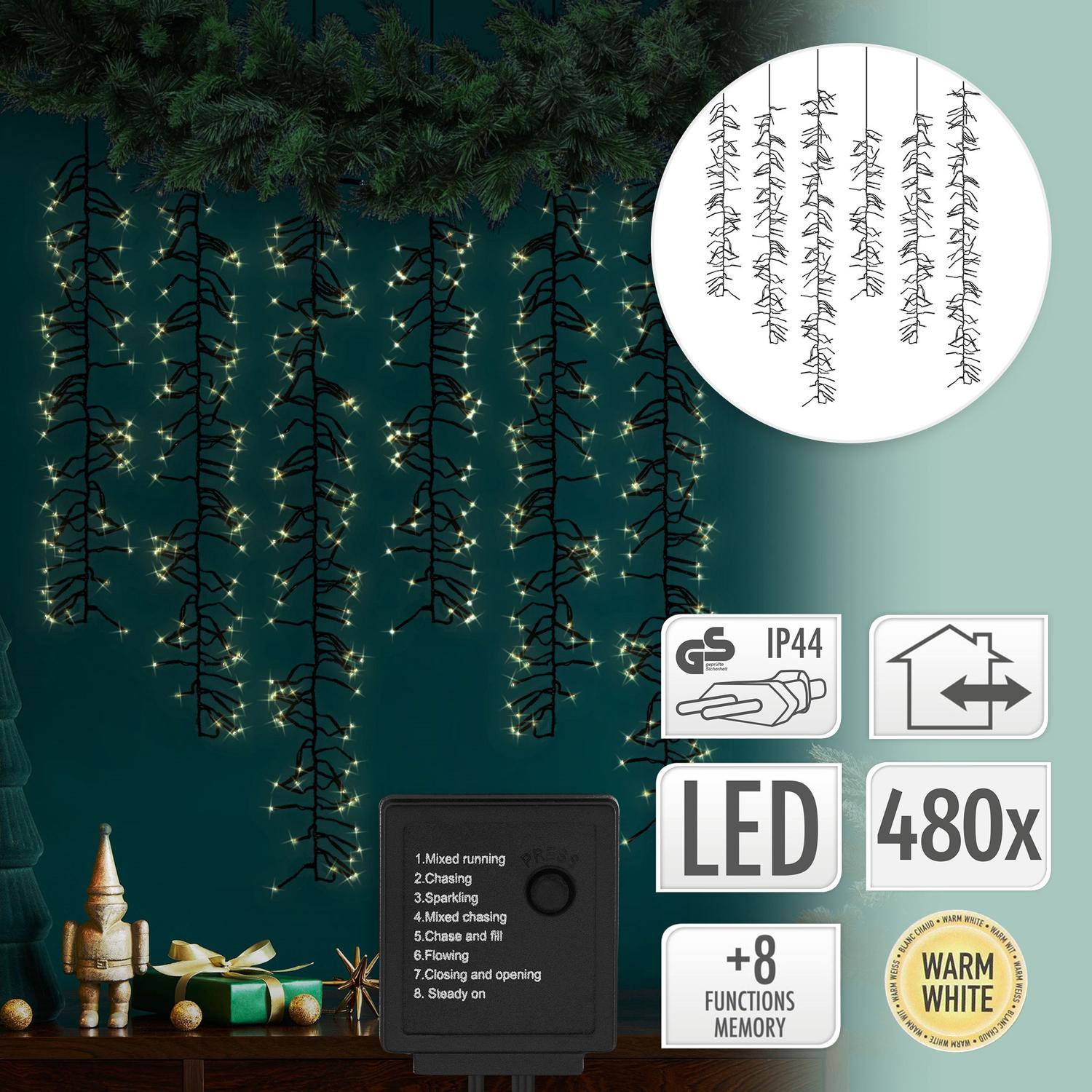 LED-ljusridå med 8 ljuslägen 1m med 480 varmvita LED-lampor IP44-uttag