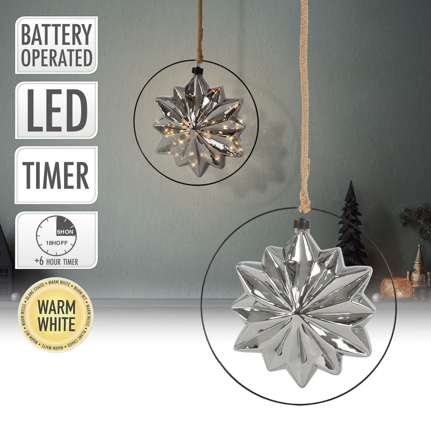 LED-julstjärna Ø18 cm grå metall med varmvita LED-lampor