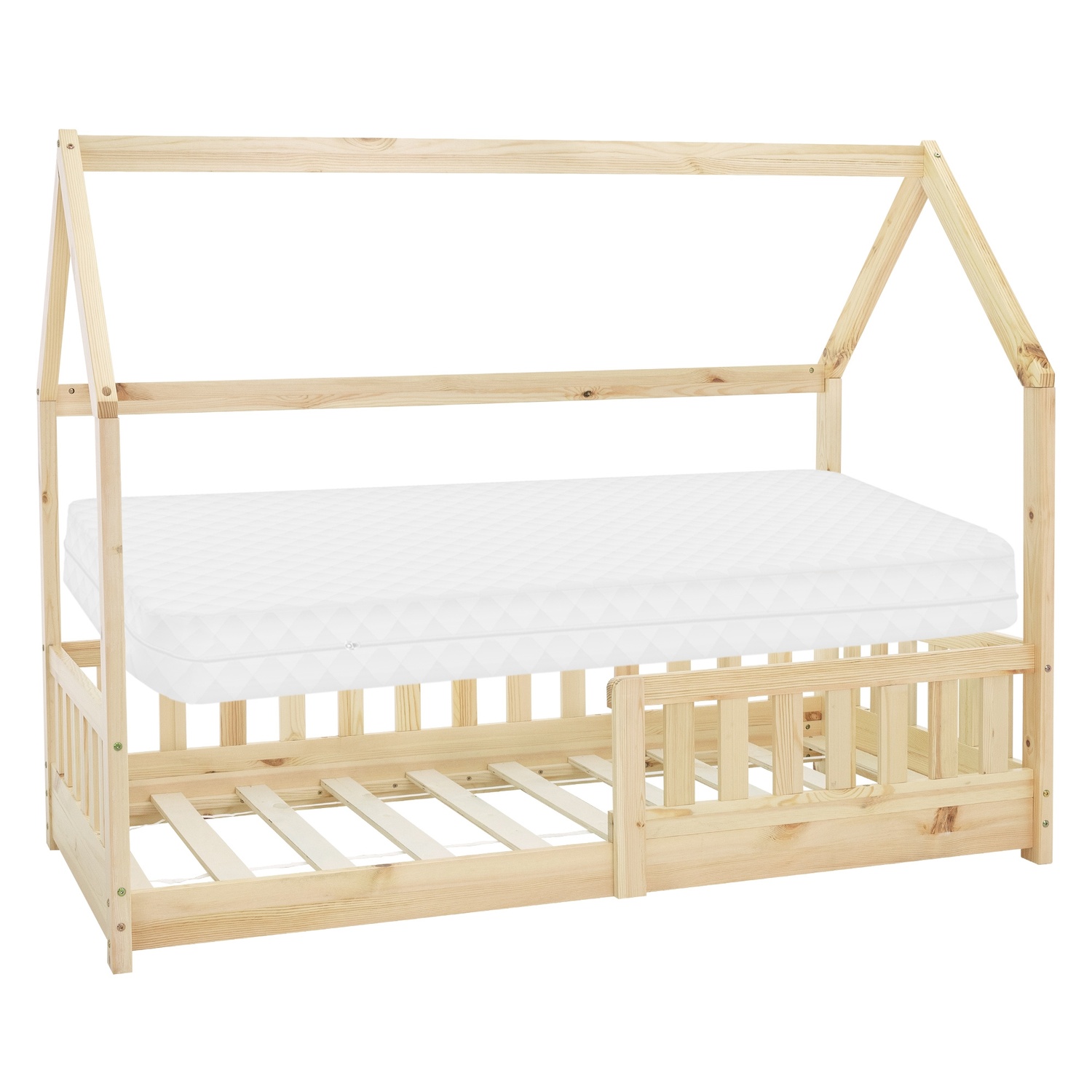 ML-Design Barnsäng 80x160 cm Natur med madrass; fallskydd; tak och ribbotten; Massivt trälekssäng; Husbädd för flickor / pojkar; Sängstuga av